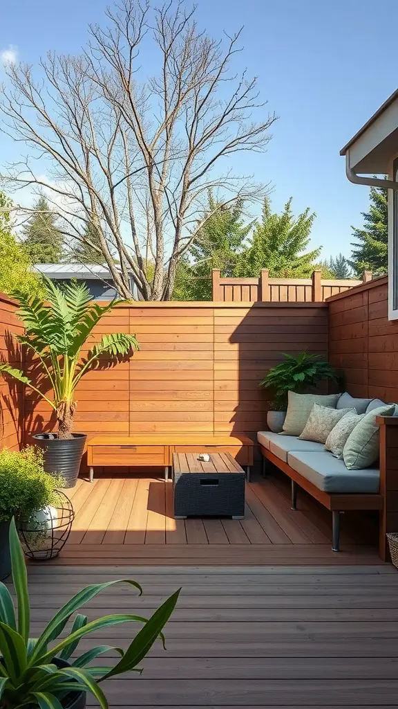 15 Inspiring Outdoor Deck Decorating Ideas to Transform Your Space 6 A cozy outdoor deck with built-in seating and storage, surrounded by plants.