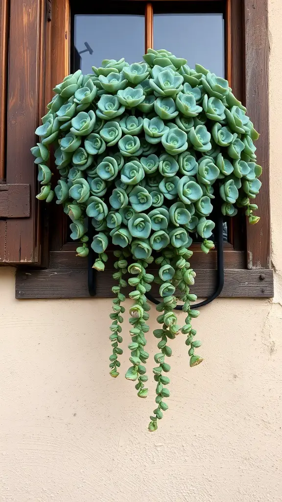 15 Gorgeous Hanging Plants Perfect for Your Windowsill 12 A lush Burro's Tail succulent hanging in front of a window, showcasing its trailing vines and vibrant green leaves.