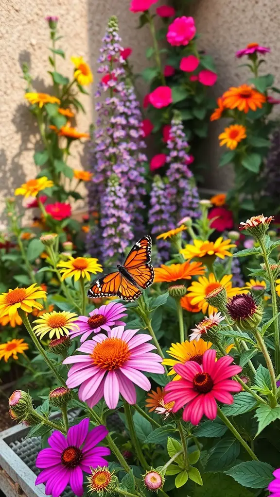 23 Creative Corner Garden Ideas for Your Backyard 17 Vibrant butterfly-friendly garden with colorful flowers and a butterfly