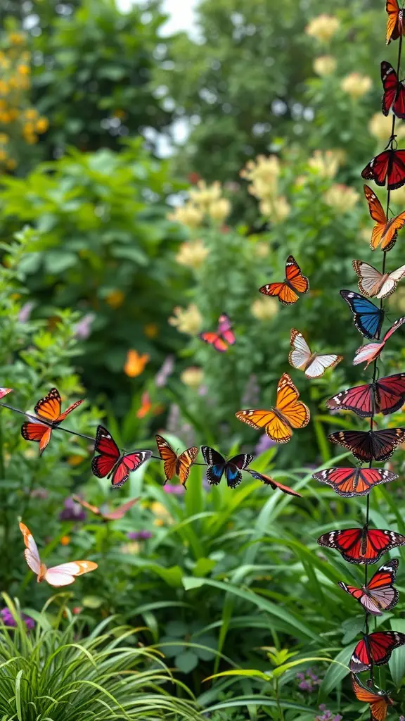 31 Creative Mother's Day Garland Ideas to Celebrate Mom 16 Colorful butterfly garland hanging in a garden with various flowers and greenery