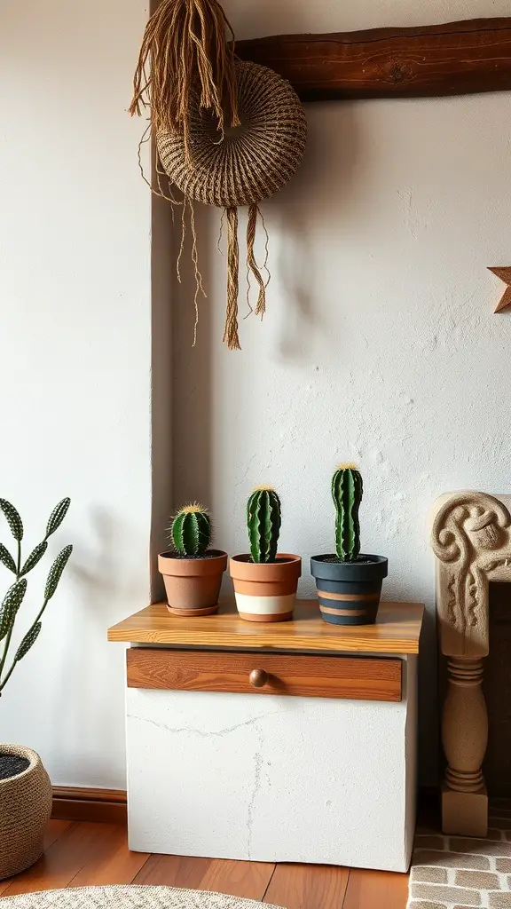 A trio of cacti in pots on a wooden shelf, with a cozy, minimalist background.