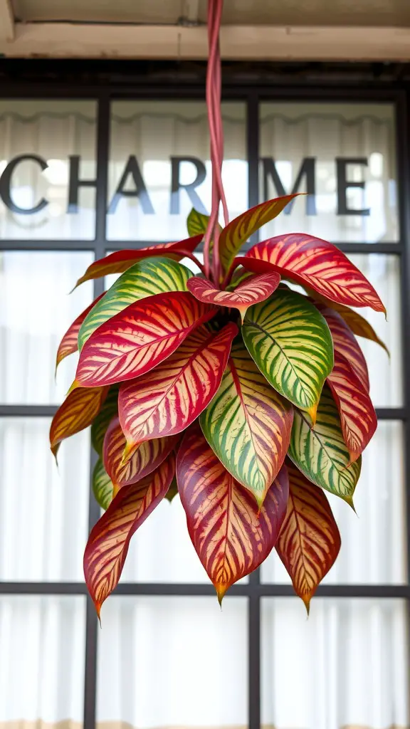 15 Gorgeous Hanging Plants Perfect for Your Windowsill 16 A vibrant Calathea plant with red and green patterned leaves hanging in front of a window