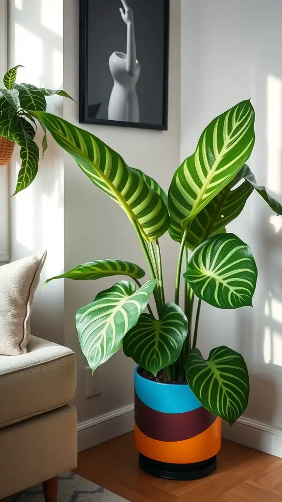 A large Calathea plant with striking leaf patterns in a colorful pot, placed in a bright living room corner.