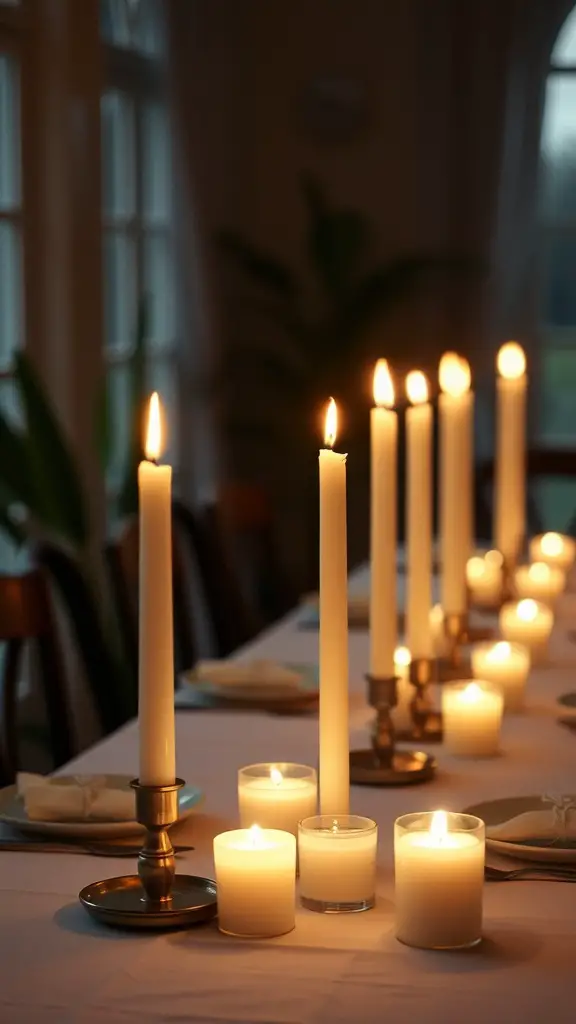 25 Creative Mother's Day Brunch Decor Ideas for Home 6 A dining table set with candles of various heights creating a cozy ambiance.