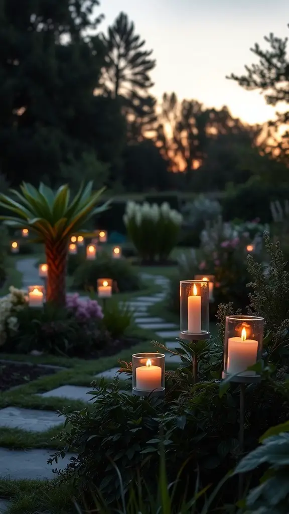 31 Creative Garden Party Ideas for Your Next Celebration 33 A beautiful garden pathway illuminated by candles at dusk, surrounded by lush plants and flowers.
