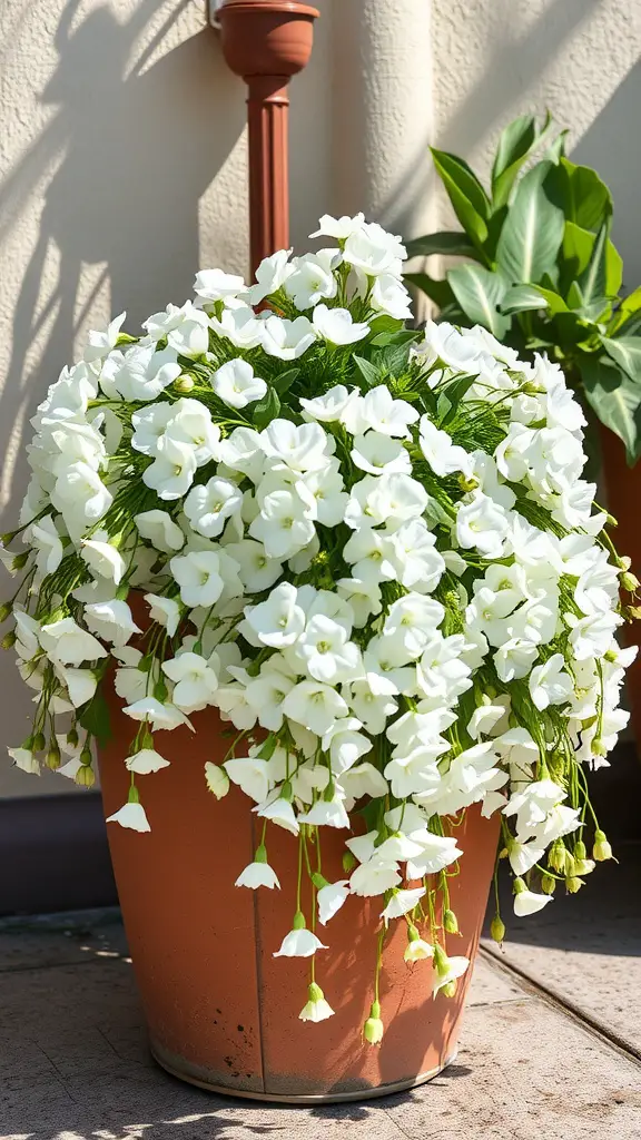 19 Stunning Container Plants for Full Sun Gardens 9 A pot overflowing with cascading white Bacopa flowers, set against a wall with greenery in the background.