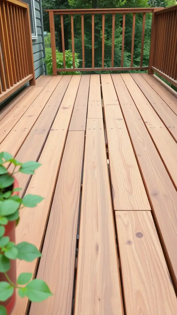 19 Creative Deck Skirting Ideas for Your Outdoor Space 4 A wooden deck made of cedar planks, showcasing a natural finish and a surrounding green environment.