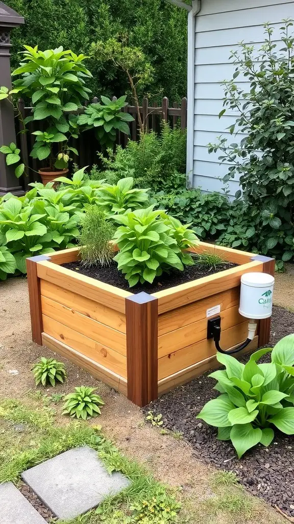 17 Creative Cedar Planter Box Ideas for Your Garden 7 Cedar planter box with built-in watering system filled with green plants