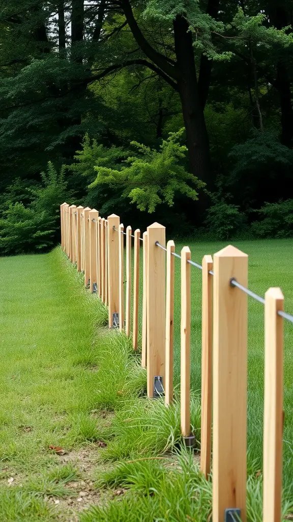 27 Affordable DIY Fence Ideas to Transform Your Yard 9 A cedar stake fence lined along a grassy area, surrounded by trees.