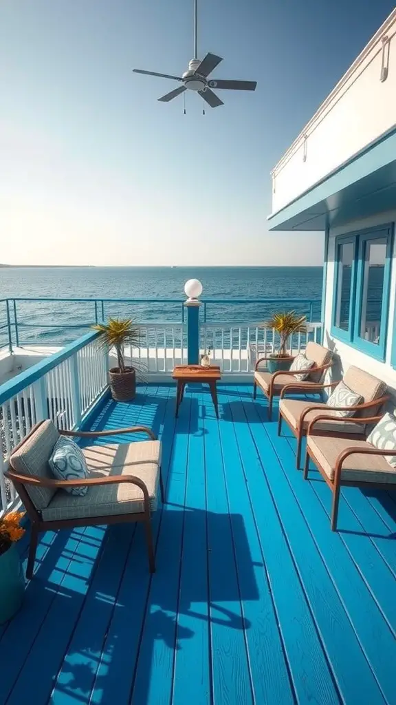 15 Stunning Deck Paint Color Ideas to Transform Your Outdoor Space 2 A serene outdoor deck painted in cerulean blue with comfortable seating and a view of the ocean.
