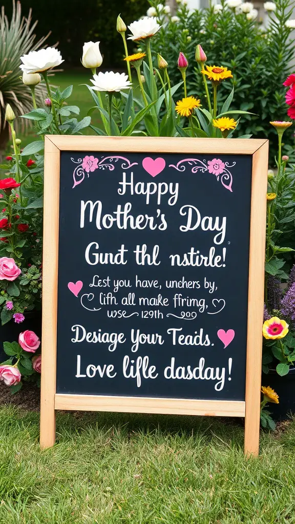 21 Creative Mother's Day Decor Ideas to Celebrate Mom 13 A chalkboard sign with Mother's Day messages surrounded by flowers.