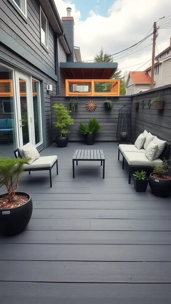 15 Stunning Deck Paint Color Ideas to Transform Your Outdoor Space 8 A modern deck painted in charcoal gray, featuring stylish seating and potted plants.