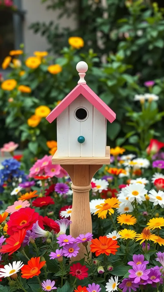 21 Creative DIY Mailbox Post Ideas for a Unique Curb Appeal 18 A birdhouse-style mailbox surrounded by colorful flowers