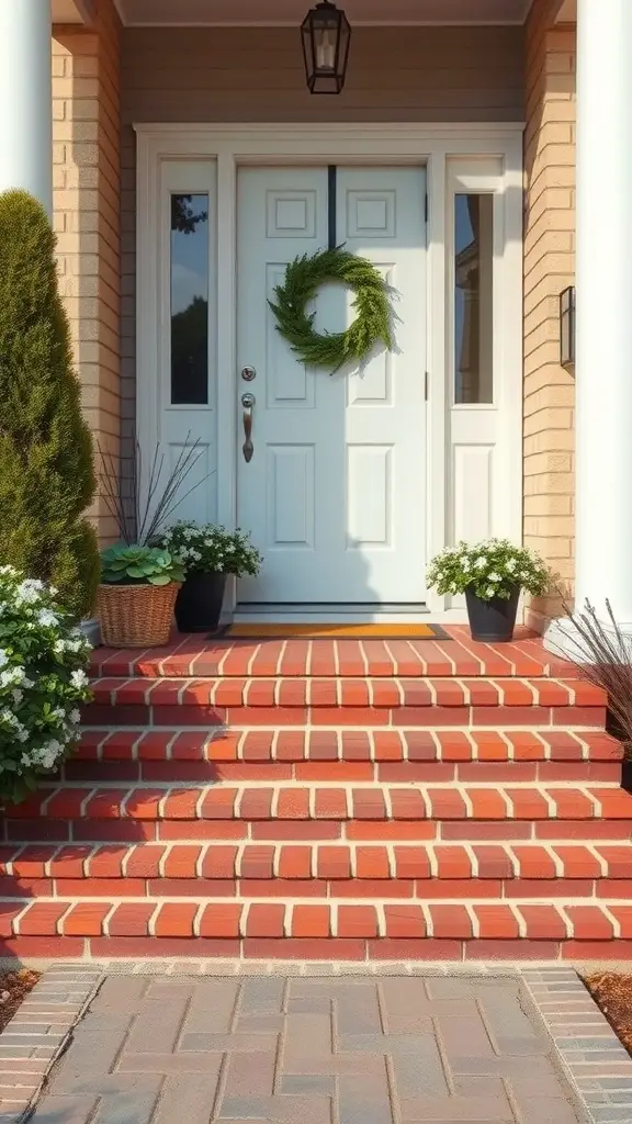 25 Stunning Brick Walkways to Enhance Your Front Door Curb Appeal 19 A charming entrance featuring brick steps leading to a white door with a wreath, surrounded by plants.