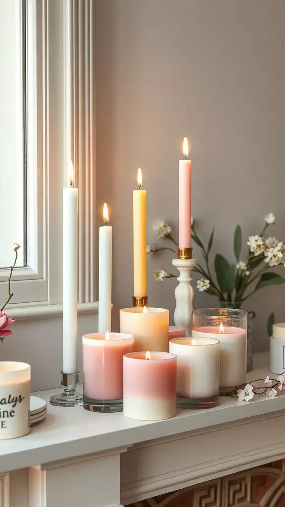 17 Charming Spring Fireplace Decor Ideas with TV Integration 9 A collection of colorful candles on a fireplace mantle, with flowers and greenery, creating a cozy spring decor.
