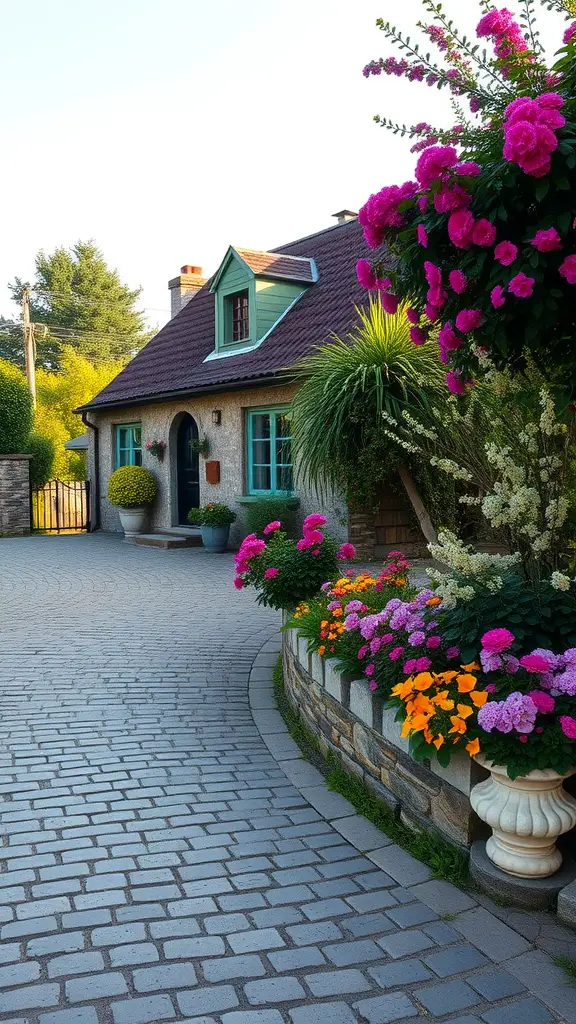 19 Creative Driveway Ideas to Enhance Your Curb Appeal 6 Cobblestone pathway leading to a charming house surrounded by colorful flowers.
