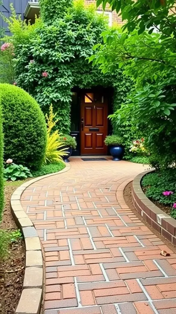 25 Stunning Brick Walkways to Enhance Your Front Door Curb Appeal 9 Curved brick pathway leading to a front door surrounded by lush greenery and colorful flowers.