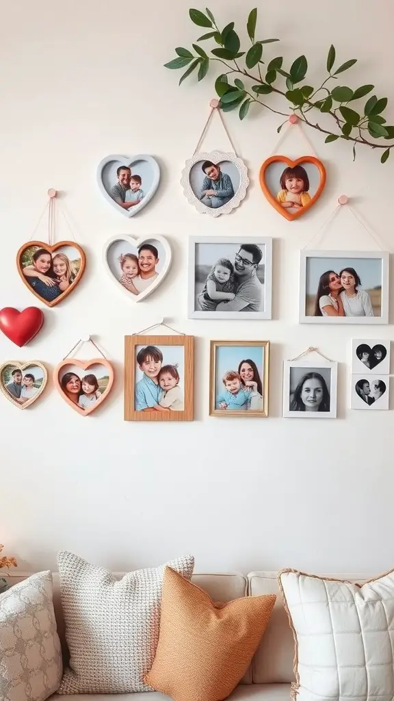 21 Creative Mother's Day Decor Ideas to Celebrate Mom 6 A DIY photo wall featuring heart-shaped frames with family photos, adorned with green leaves, showcasing a cozy living room atmosphere.