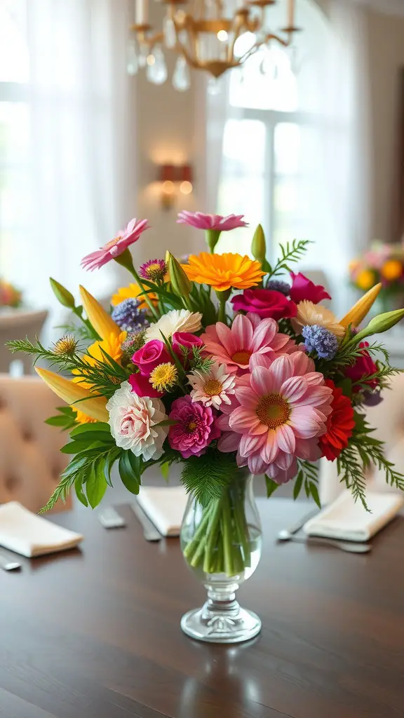 25 Creative Mother's Day Brunch Decor Ideas for Home 9 A vibrant floral centerpiece with a mix of colorful flowers in a clear vase on a dining table.