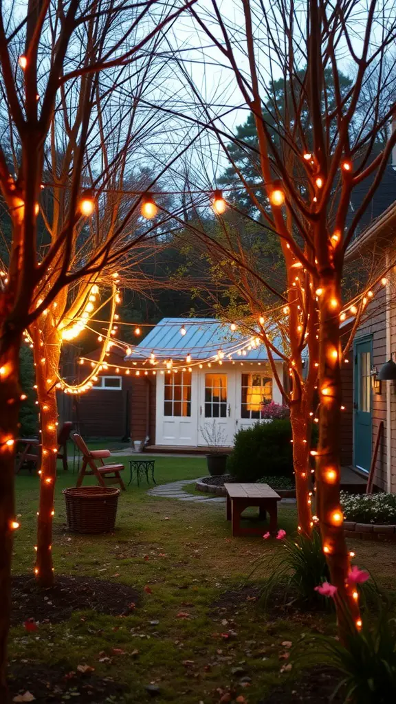 27 Charming Farmhouse Garden Ideas to Enhance Your Outdoor Space 16 A cozy farmhouse garden illuminated by string lights hung between bare trees, creating a warm atmosphere.