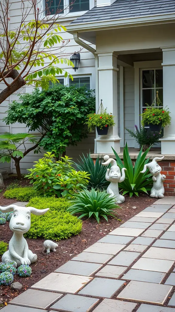 21 Stunning Front Walkway Landscaping Ideas for a Welcoming Entryway 14 Charming animal statues in a beautifully landscaped garden entryway.