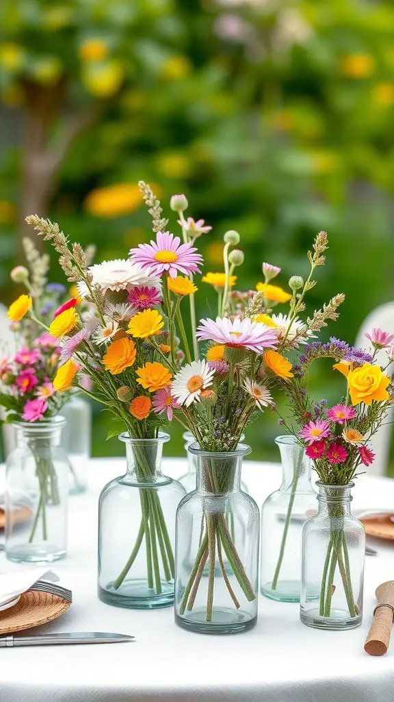 21 Spring Table Decor Ideas That Will Make Every Meal Special! 23 A collection of glass vases filled with colorful flowers on a dining table