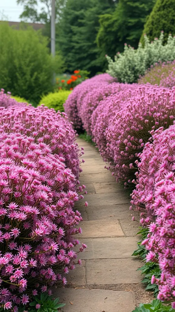 23 Stunning Evergreen Shrubs to Enhance Your Garden 5 A pathway lined with vibrant pink heather shrubs in full bloom.