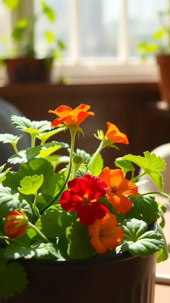 19 Stunning Container Plants for Full Sun Gardens 15 A potted nasturtium plant with vibrant red and orange flowers.