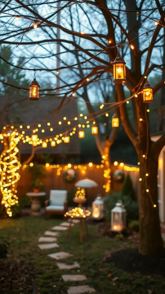 19 Creative Backyard Baby Shower Ideas You’ll Love 13 Outdoor lighting with string lights and lanterns in a backyard setting