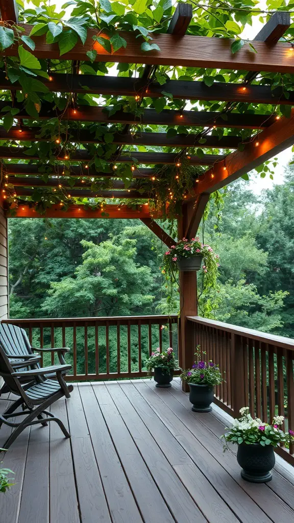 19 Charming Back Deck Decorating Ideas for a Cozy Outdoor Space 7 A cozy back deck with a wooden pergola covered in greenery and string lights, featuring potted plants and comfortable chairs.