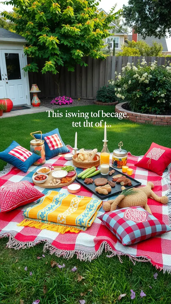 19 Creative Backyard Baby Shower Ideas You’ll Love 7 A charming picnic setup in a backyard with a colorful blanket, cushions, and a variety of snacks and drinks.