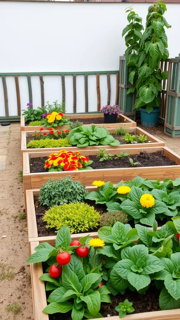 27 Charming Farmhouse Garden Ideas to Enhance Your Outdoor Space 8 A series of colorful raised garden beds with various plants, including tomatoes, flowers, and leafy greens.