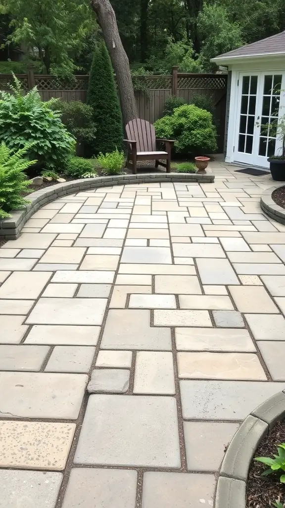 17 Creative Grass Alternative Backyard Ideas for a Stunning Outdoor Space 6 A backyard patio featuring charming stone pavers arranged in various sizes, surrounded by lush greenery and a cozy chair.