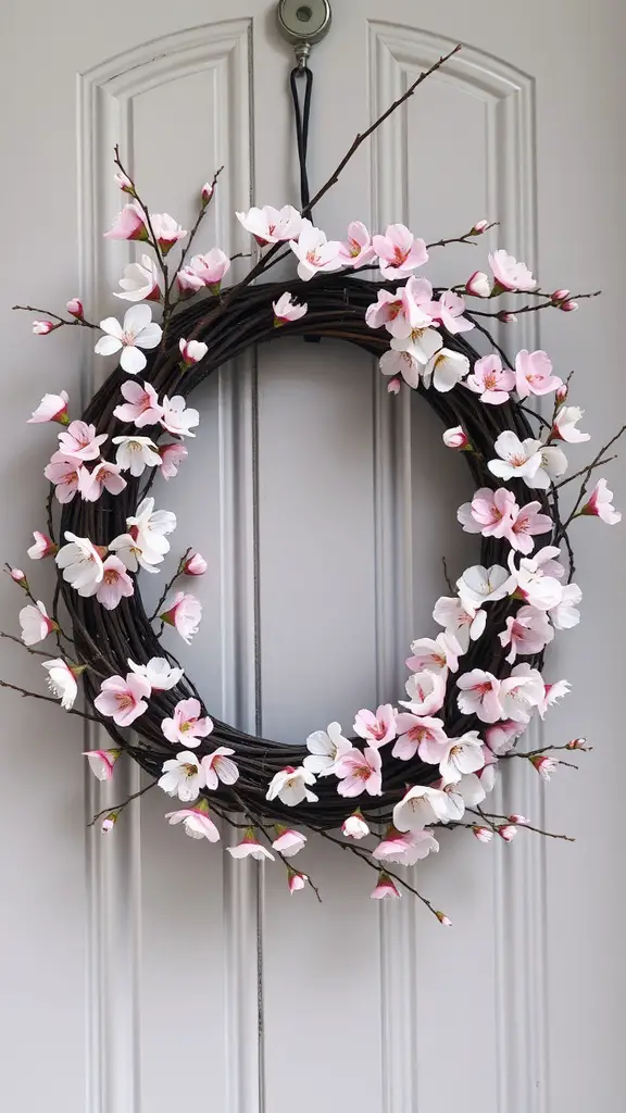 15 Beautiful DIY Spring Wreaths for Your Front Door 12 A cherry blossom wreath hanging on a front door, featuring pink and white flowers on a vine base.