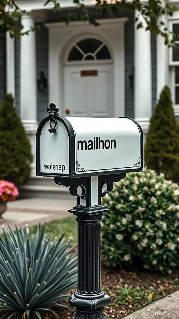 21 Creative DIY Mailbox Post Ideas for a Unique Curb Appeal 23 Chic black and white mailbox with artistic design, standing in front of a house