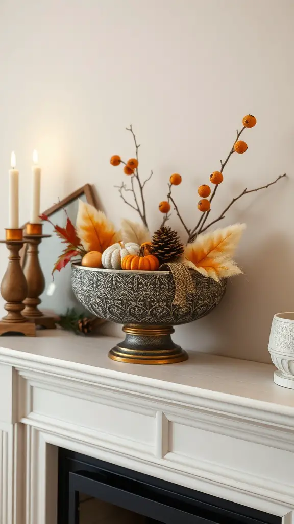 17 Charming Spring Fireplace Decor Ideas with TV Integration 15 Decorative bowl with pumpkins and twigs on fireplace mantle