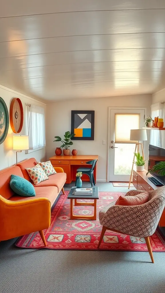 17 Inspiring Mobile Home Living Room Ideas to Transform Your Space 17 Chic mid-century modern living room in a mobile home with an orange sofa, colorful rug, and stylish decor.