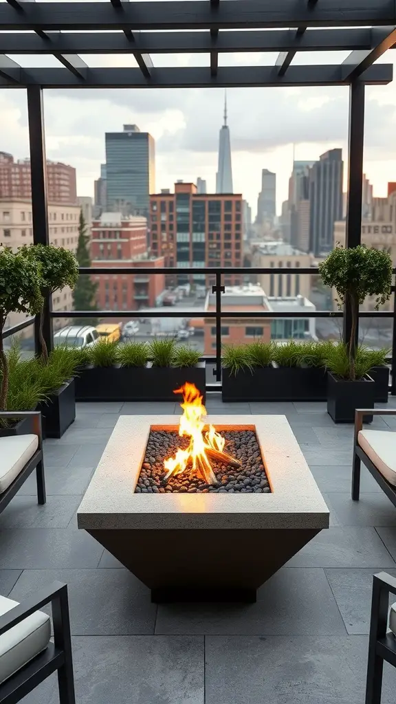 17 Inspiring Backyard Patio and Fire Pit Ideas 17 Chic urban patio featuring a modern fire pit with a city view.