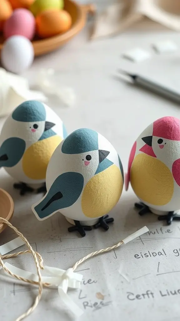 19 Creative Dollar Tree Easter Crafts Ideas to Try This Season 6 Colorful paper mache eggs designed as chickadee birds, surrounded by crafting materials.
