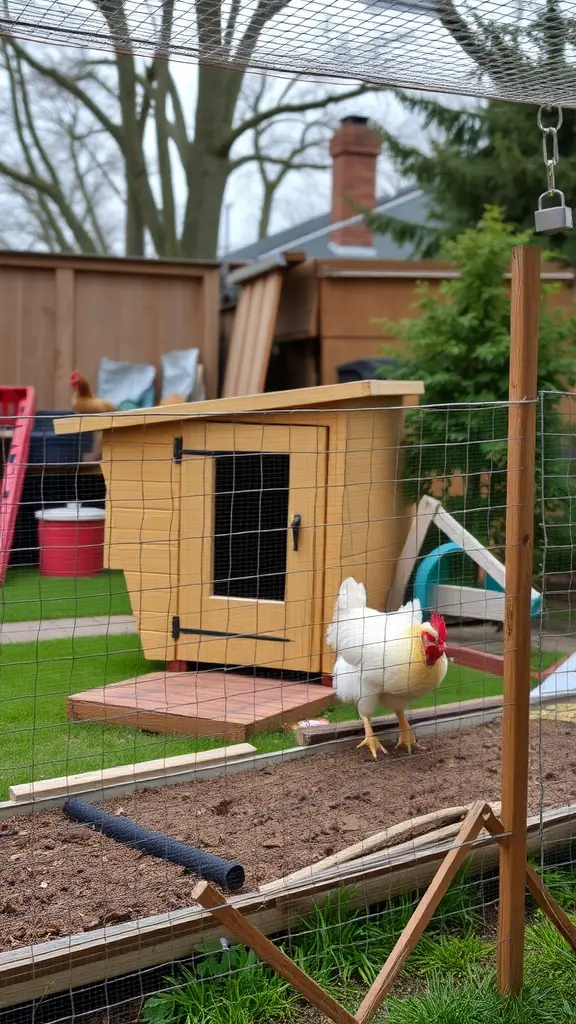 27 Affordable DIY Fence Ideas to Transform Your Yard 16 A chicken in a fenced area by a wooden coop