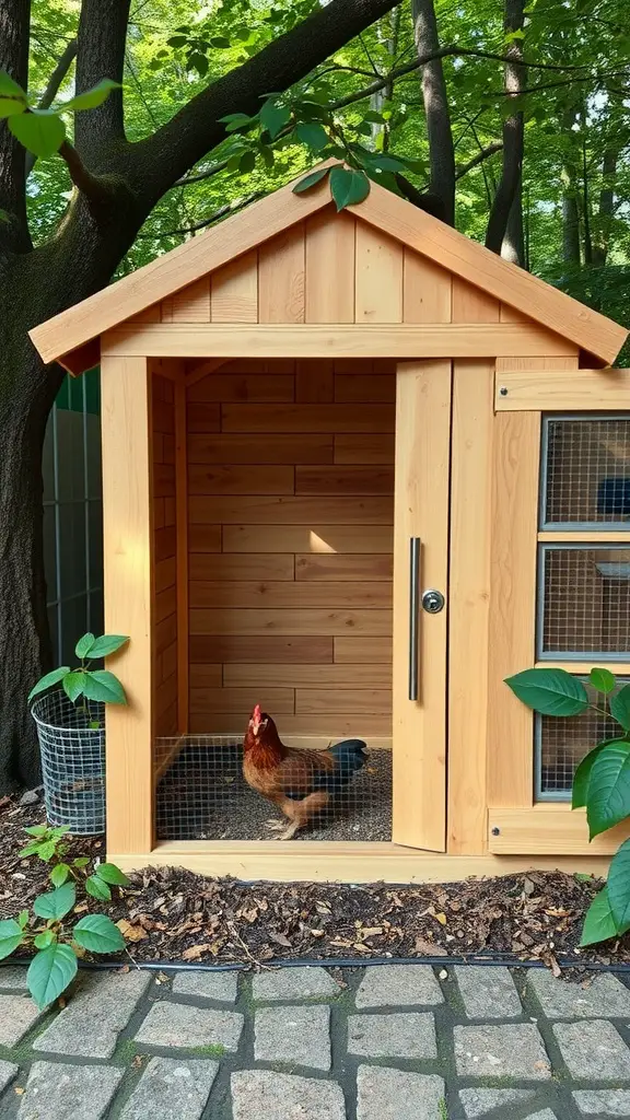 17 Creative Walk-In Chicken Coop Ideas You'll Love 14 A forest-themed chicken coop made of natural wood with a chicken inside