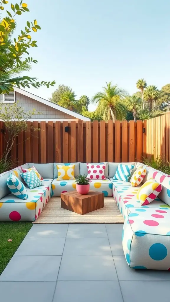 27 Creative DIY Outdoor Sectional Ideas for Your Backyard Retreat 26 A colorful outdoor sectional with polka dot cushions and a small wooden table, surrounded by greenery.