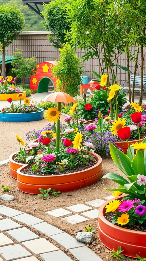 17 Creative Curved Flower Bed Ideas to Enhance Your Garden 17 Colorful children's garden with curved flower beds and playful decor.