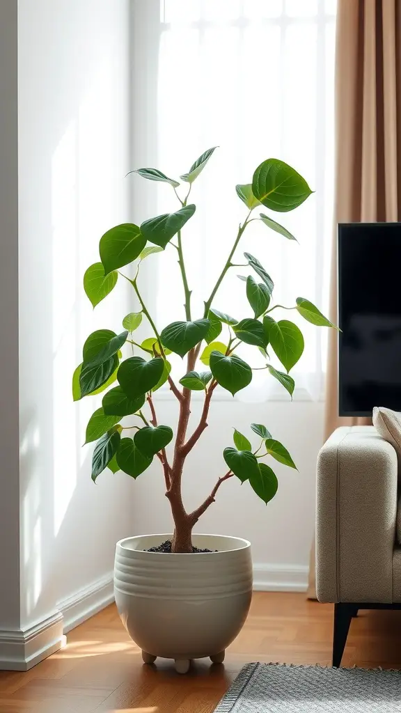 A Chinese Money Plant in a bright living room corner, showcasing its round leaves and green color.