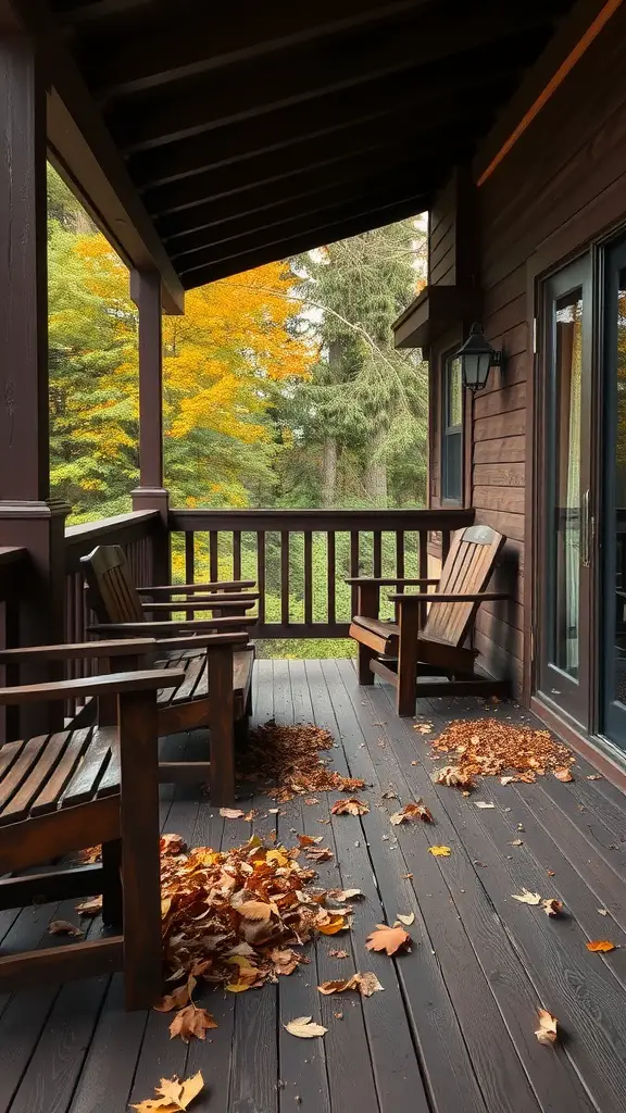 15 Stunning Deck Paint Color Ideas to Transform Your Outdoor Space 12 A cozy wooden deck painted in chocolate brown with autumn leaves scattered across it