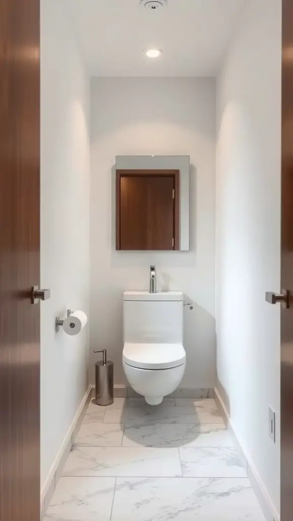 25 Genius Ideas for Maximizing Small Toilet Rooms 11 A modern small toilet room featuring a sleek design with a toilet, mirror, and minimalist decor.