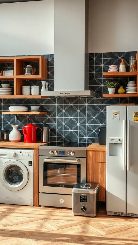 29 Stunning Kitchen Makeover Ideas for a Fresh Look 17 Modern kitchen appliances including an oven, washer, refrigerator, and a compact cooker.