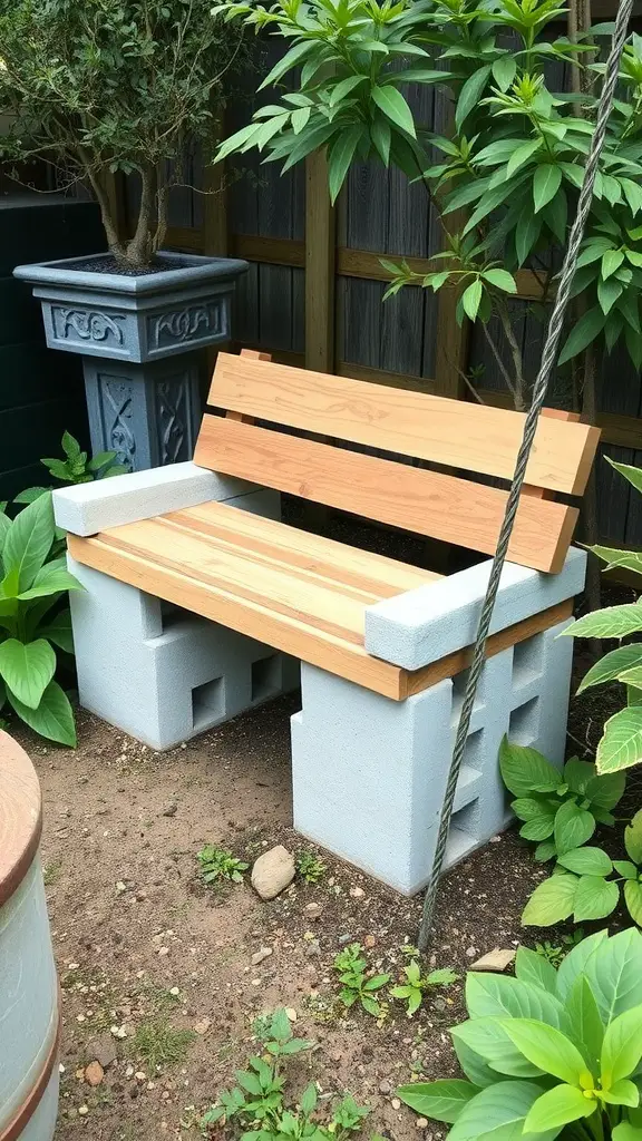 21 Creative Cinder Block Garden Ideas for Your Outdoor Space 14 Cinder block garden bench with wooden seating in a lush garden setting
