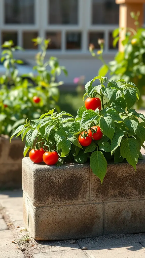 21 Creative Cinder Block Garden Ideas for Your Outdoor Space 13 Cinder block planter with ripe tomatoes and green leaves