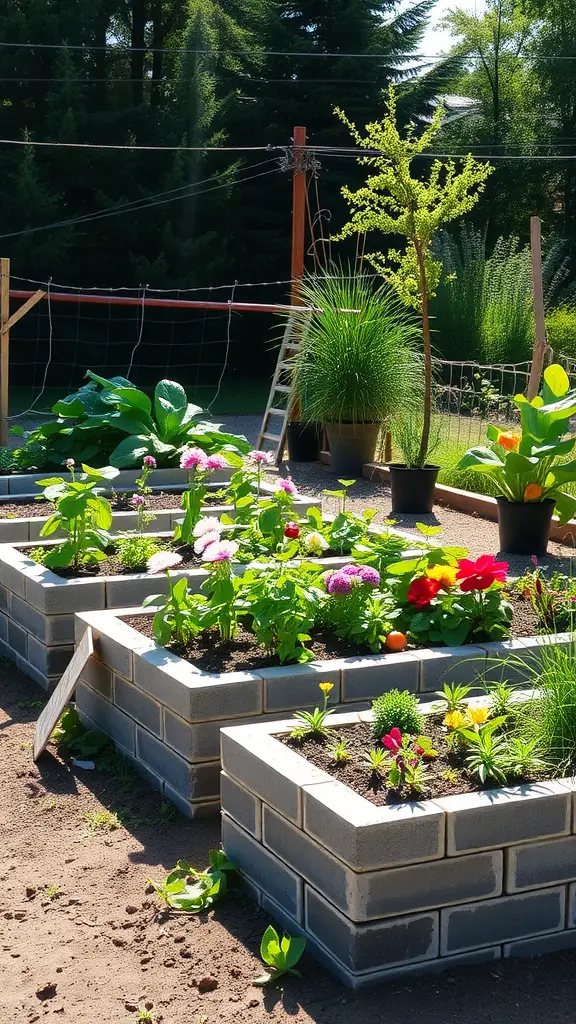 21 Creative Cinder Block Garden Ideas for Your Outdoor Space 2 Cinder block raised garden beds filled with colorful flowers and greenery in a sunny garden setting.